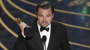 Leonardo DiCaprio accepts the award for best actor in a leading role for The Revenant at the Oscars on Sunday, Feb. 28, 2016, at the Dolby Theatre in Los Angeles. (Photo by Chris Pizzello/Invision/AP)