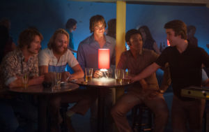 Left to right: Glen Powell plays Finnegan, Wyatt Russell plays Willoughby, Blake Jenner plays Jake, James Quinton Johnson plays Dale Douglas and Temple Baker plays Plummer in Everybody Wants Some by Paramount Pictures and Annapurna Pictures.